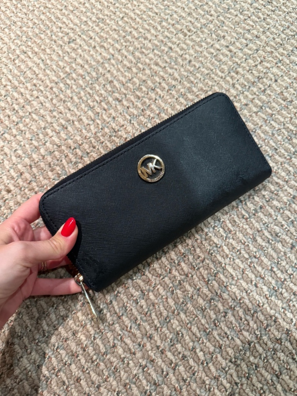 Michael Kors Black Zip-Around Saffiano Wallet with Gold MK Emblem